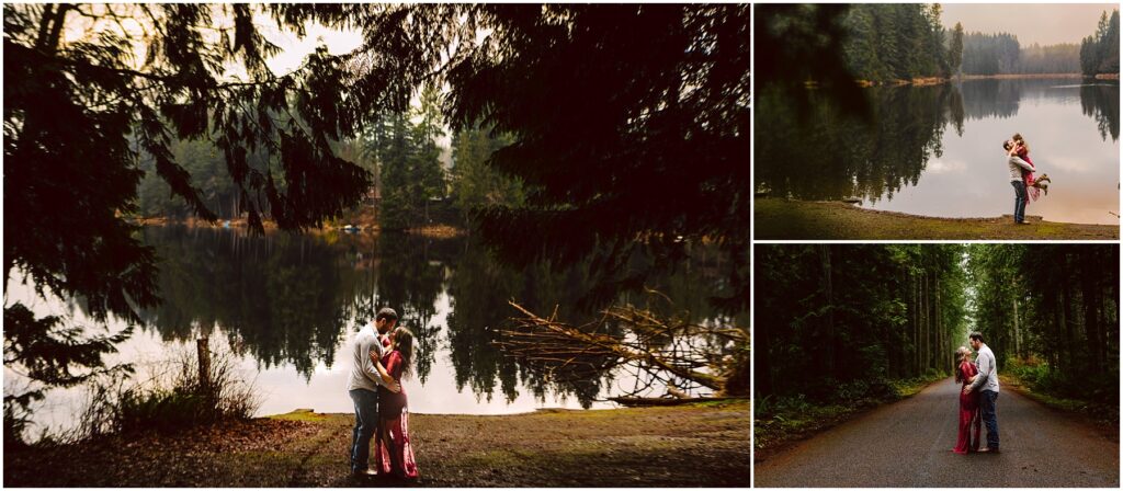 Snohomish Wedding Photographer GSquared Weddings Three images of a couple embracing in a forest. The main image shows them by a reflective lake surrounded by trees. Two smaller images on the right depict them on a forest path and by the lakeside under an overcast sky. Serving Seattle, Snohomish and Orlando