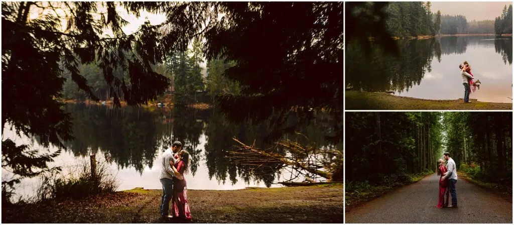 Snohomish Wedding Photographer GSquared Weddings Three images of a couple embracing in a forest. The main image shows them by a reflective lake surrounded by trees. Two smaller images on the right depict them on a forest path and by the lakeside under an overcast sky. Serving Seattle, Snohomish and Orlando