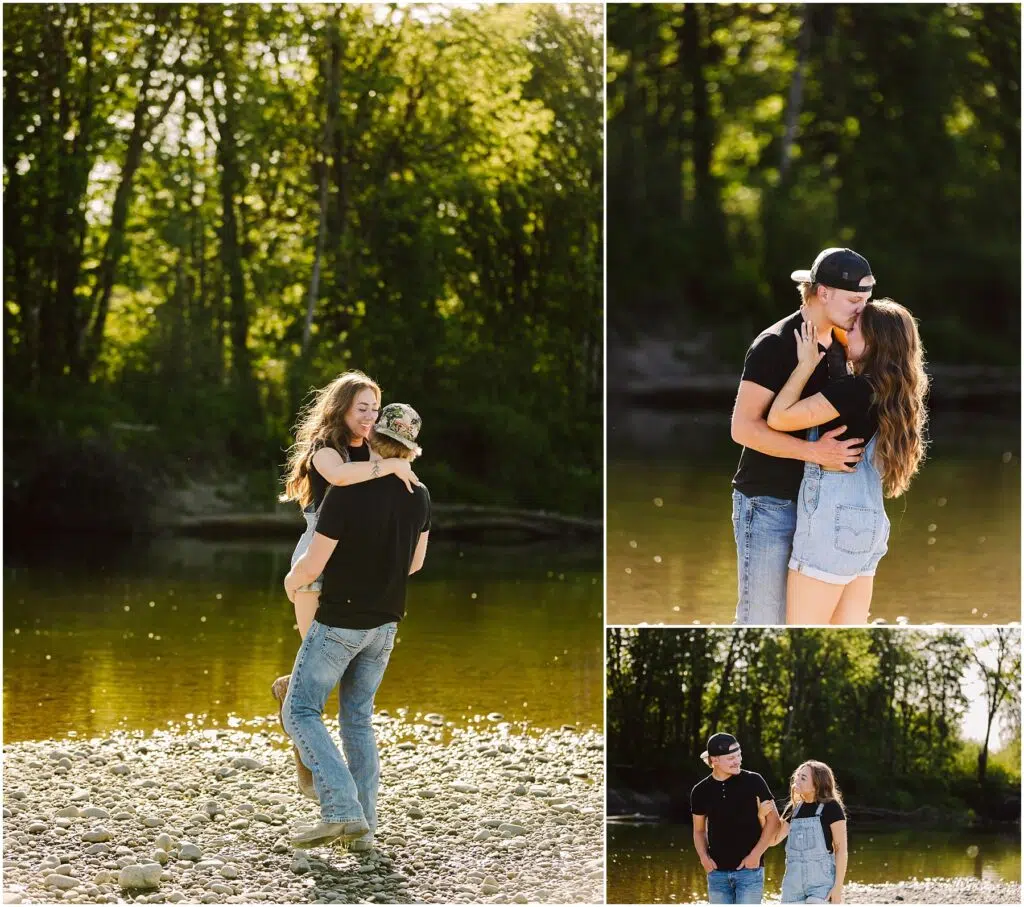 Snohomish Wedding Photographer GSquared Weddings A couple celebrates their engagement on a sunny day by a river. In one image, the man carries the woman; another shows them embracing, and a third captures them walking hand in hand. They are surrounded by green trees and smooth pebbles by the water. Serving Seattle, Snohomish and Orlando