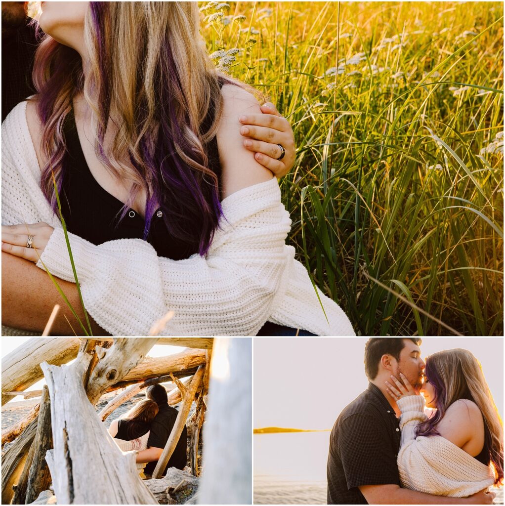 Snohomish Wedding Photographer GSquared Weddings A couple celebrating their engagement embraces in a sunny field, the woman in a white cardigan. Below, two smaller images capture them cuddling by driftwood and sharing a sunset kiss on the beach. Serving Seattle, Snohomish and Orlando