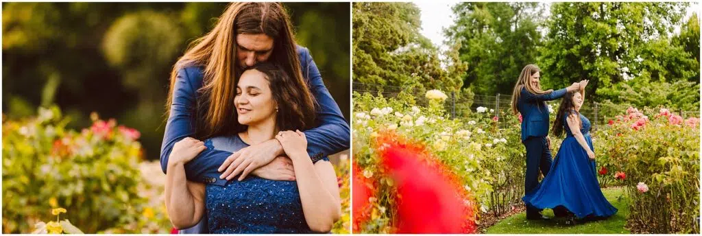 Snohomish Wedding Photographer GSquared Weddings A couple enjoys a garden scene. On the left, a man embraces a woman from behind. On the right, they dance on a path lined with vibrant roses. Both are dressed in blue, with lush greenery surrounding them. Serving Seattle, Snohomish and Orlando