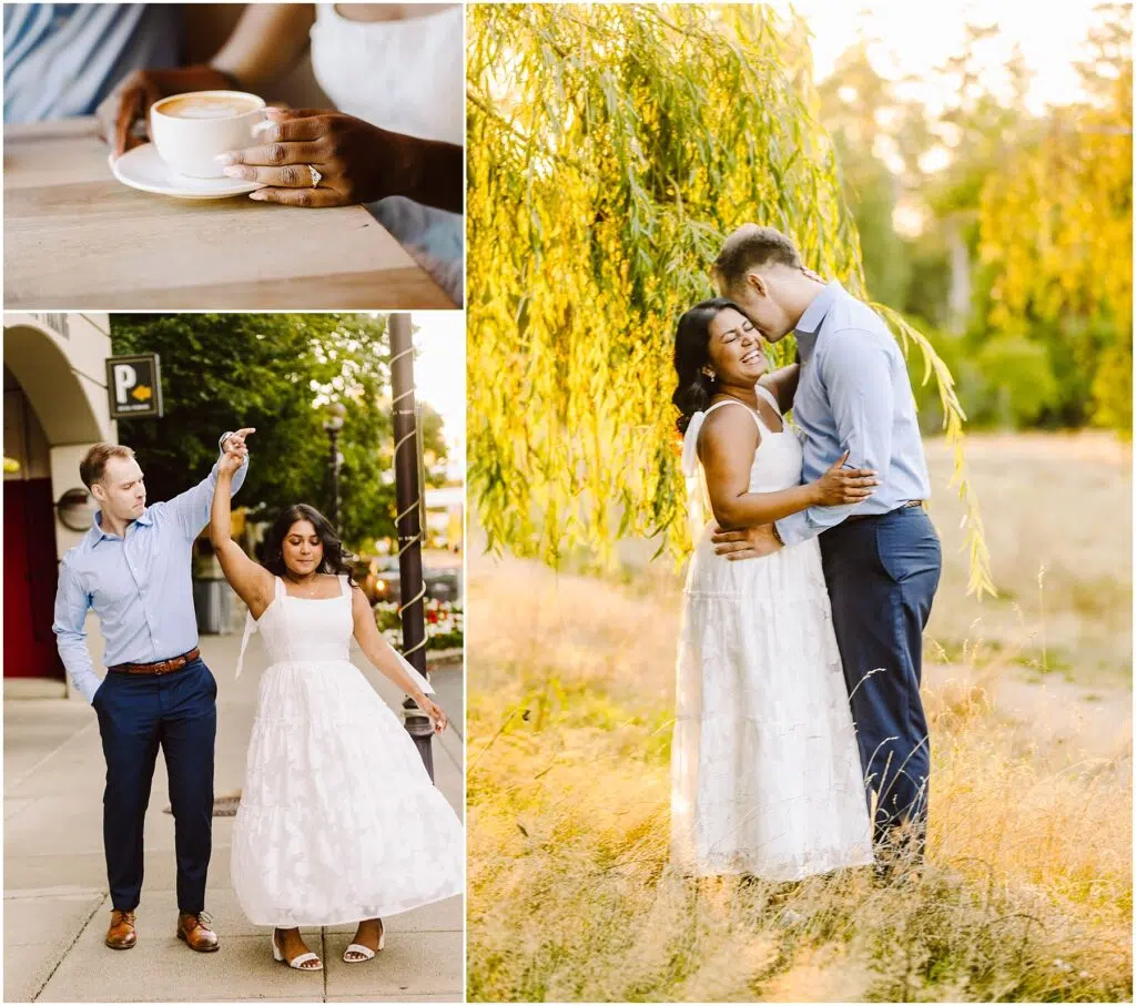 Snohomish Wedding Photographer GSquared Weddings A couple enjoying time together. Top left: Woman holding a coffee cup. Bottom left: Couple dancing outside, celebrating their engagement. Right: Couple embracing in a sunlit grassy field, dressed in light, casual attire. Serving Seattle, Snohomish and Orlando