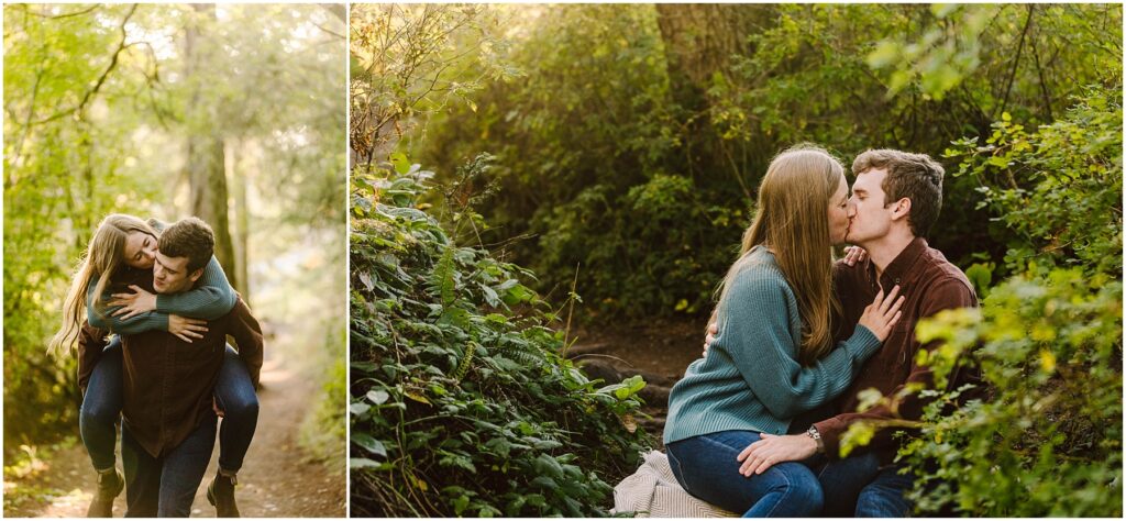 Snohomish Wedding Photographer GSquared Weddings A couple in a forest setting; on the left, the woman gives the man a piggyback ride on a sunlit path. On the right, they sit on a log surrounded by greenery, kissing as sunlight filters through the trees. Serving Seattle, Snohomish and Orlando