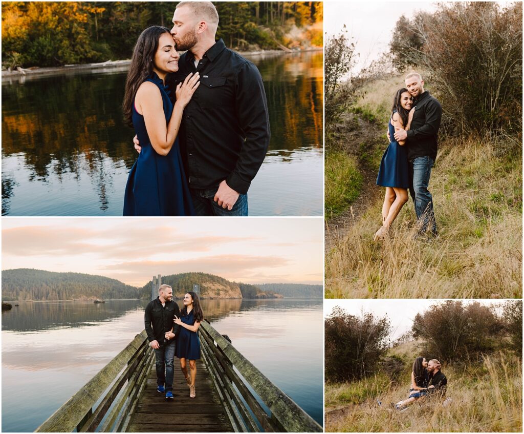 Snohomish Wedding Photographer GSquared Weddings A couple celebrates their engagement as they embrace by a serene lake and wooded area. They stand on a bridge over grassy fields, displaying affection against calm waters, autumn trees, and a cloudy sky. The woman in a blue dress, the man in a black shirt and jeans share this cherished moment. Serving Seattle, Snohomish and Orlando