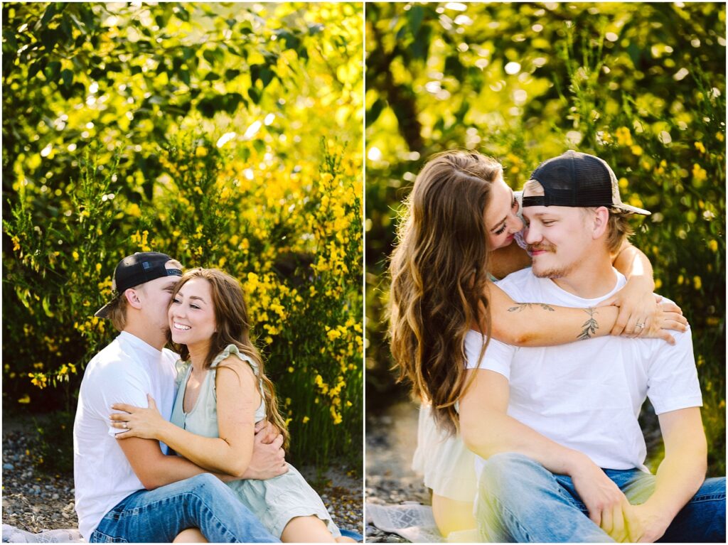 Snohomish Wedding Photographer GSquared Weddings Two images of a couple outdoors capture them seated and embracing, embodying the spirit of 2024 favorites. The woman, with long brown hair in a light dress, and the man in a white shirt and cap, radiate happiness amidst lush greenery and sunlight. Serving Seattle, Snohomish and Orlando