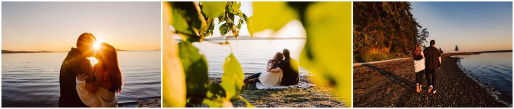 Snohomish Wedding Photographer GSquared Weddings Three images of a couple by the ocean at sunset. Left: Silhouette of the couple embracing with the sun setting in the background. Center: Couple sitting on a blanket, surrounded by leaves. Right: Couple walking along the beach, holding hands. Serving Seattle, Snohomish and Orlando