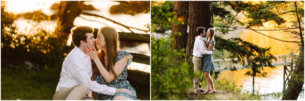 Snohomish Wedding Photographer GSquared Weddings A couple enjoys a romantic moment by a lake at sunset. On the left, they sit and smile at each other, and on the right, they stand and embrace by the water, surrounded by trees and a golden glow. Serving Seattle, Snohomish and Orlando