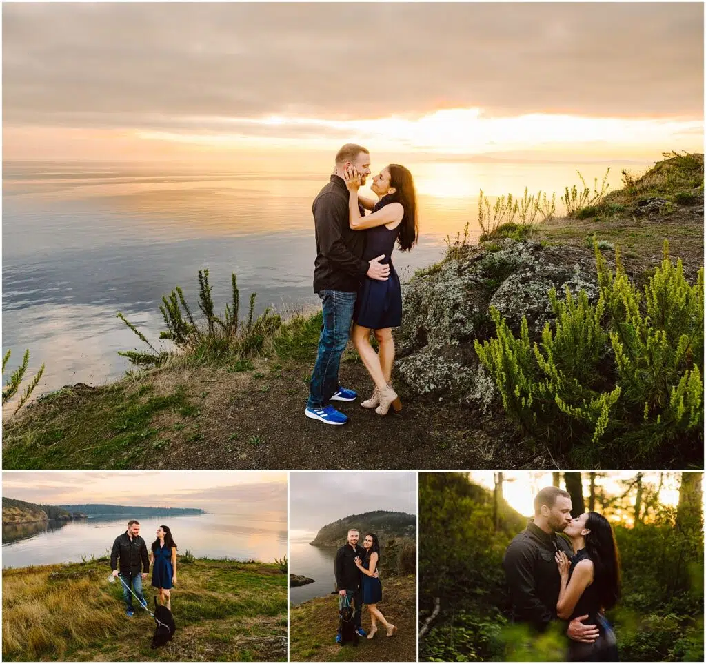 Snohomish Wedding Photographer GSquared Weddings A couple embraces near a cliff overlooking the ocean at sunset, celebrating their engagement. In smaller images below, they walk with a dog along the coast and share a moment in a forested area, surrounded by greenery and warm, golden light. Serving Seattle, Snohomish and Orlando