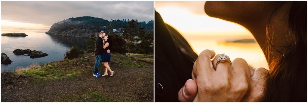 Snohomish Wedding Photographer GSquared Weddings A couple embraces on a cliffside overlooking the ocean at sunset. In a close-up, a woman displays a ring with a scenic background. Serving Seattle, Snohomish and Orlando