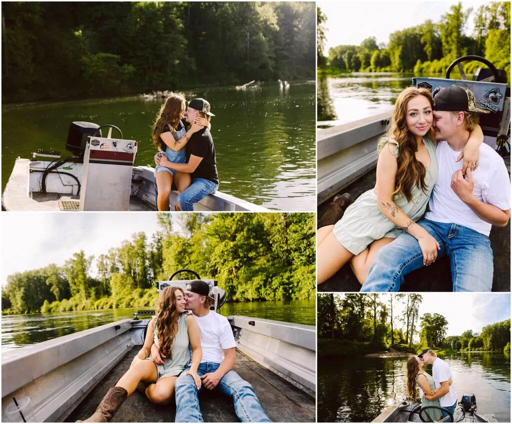 Snohomish Wedding Photographer GSquared Weddings A couple celebrates their engagement on a boat, enjoying a sunny day. They sit closely, embracing and smiling amidst a scenic backdrop of lush green trees and calm river waters. The mood is romantic and serene. Serving Seattle, Snohomish and Orlando