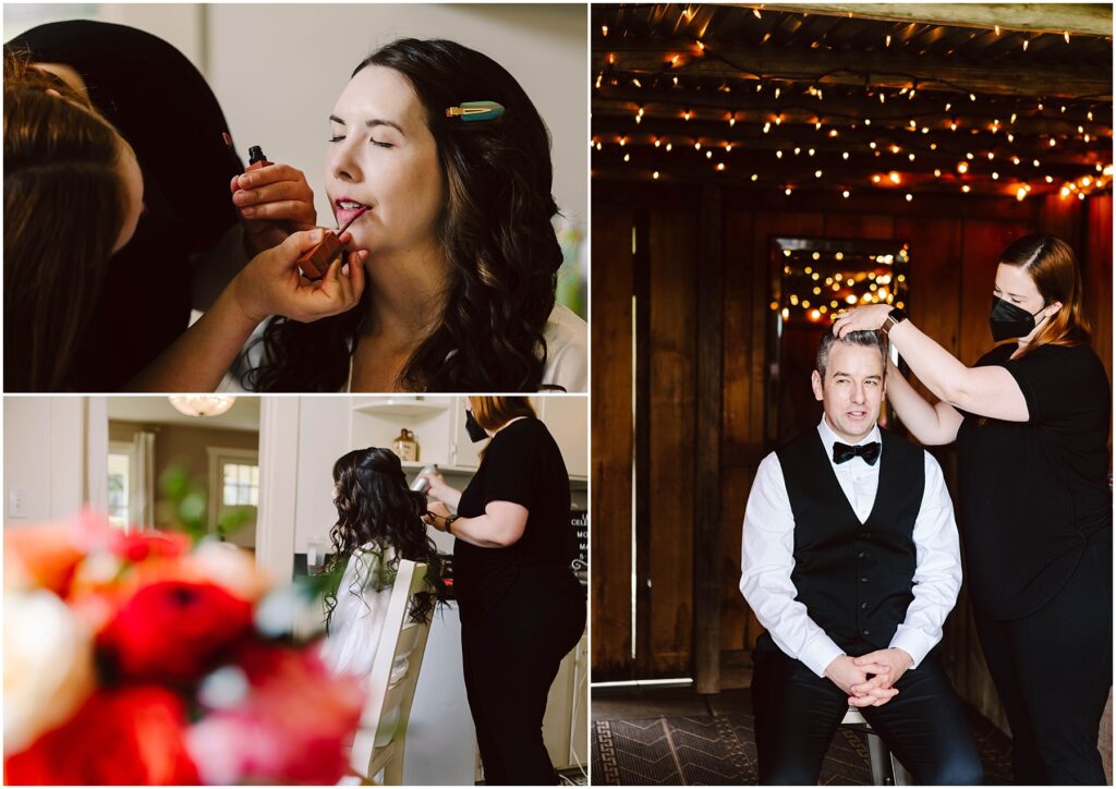 Snohomish Wedding Photographer GSquared Weddings Collage of two women preparing for a wedding: one applies lipstick to a bride, the other styles her hair, and a man in a suit with a bow tie getting his hair styled. Warm, rustic setting with twinkling lights. Serving Seattle, Snohomish and Orlando