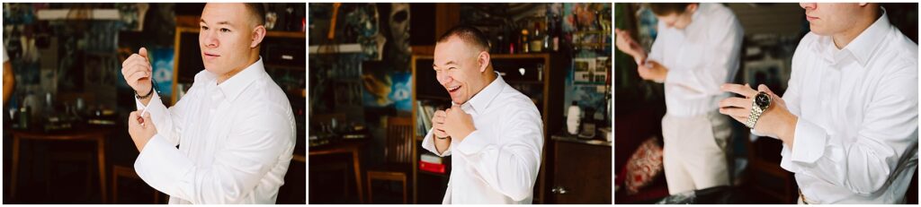 Snohomish Wedding Photographer GSquared Weddings A man in a white dress shirt adjusts his cufflinks and shirt in a warmly lit room. The setting has a vintage feel with a cluttered background of books and decor. Three different angles capture his preparation. Serving Seattle, Snohomish and Orlando