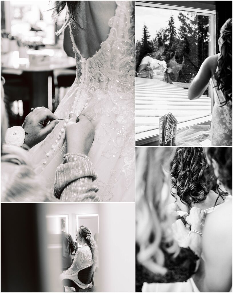 Snohomish Wedding Photographer GSquared Weddings A black-and-white collage of a bride getting ready. Includes a dress being buttoned, the brides reflection in a window, and a woman sitting in a robe. Images capture intimate and candid pre-wedding moments. Serving Seattle, Snohomish and Orlando