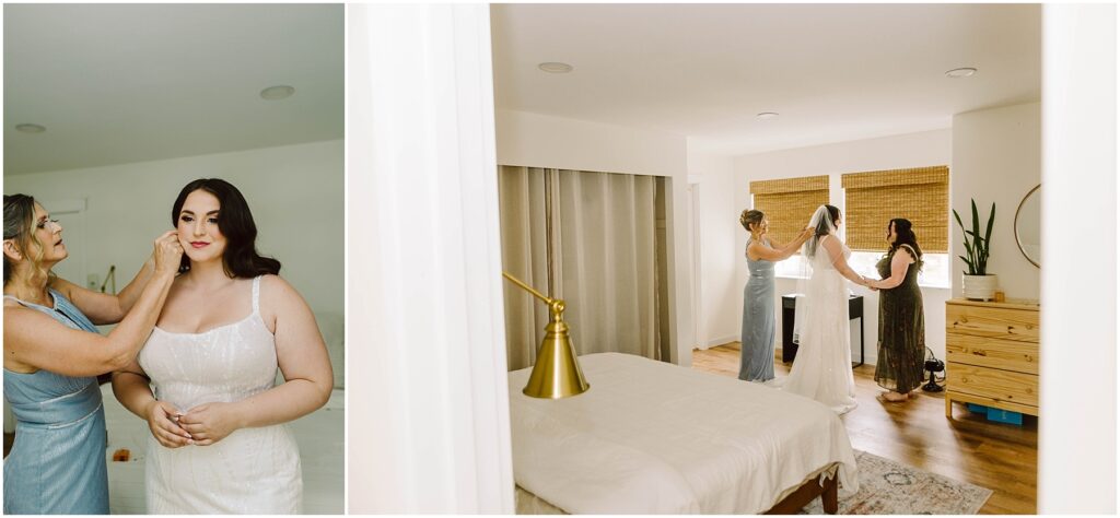 Snohomish Wedding Photographer GSquared Weddings Two images: On the left, a woman in a white dress is getting her earrings adjusted by another woman in a light blue dress. On the right, a bride is getting her veil arranged by the same helper in a bedroom with a bed and potted plant. Serving Seattle, Snohomish and Orlando