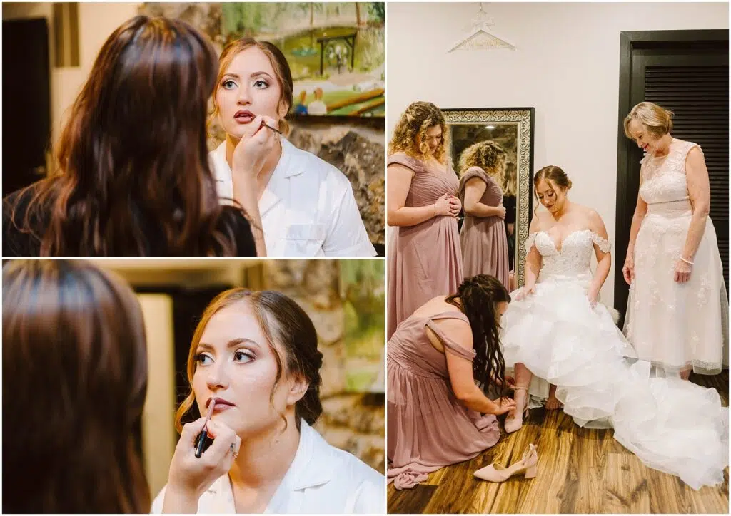 Snohomish Wedding Photographer GSquared Weddings A bride prepares for her wedding. Two images show her getting lipstick applied. In a third, she is assisted by bridesmaids in mauve dresses and a woman in a pink gown, possibly the mother, as she puts on her wedding shoes. Serving Seattle, Snohomish and Orlando