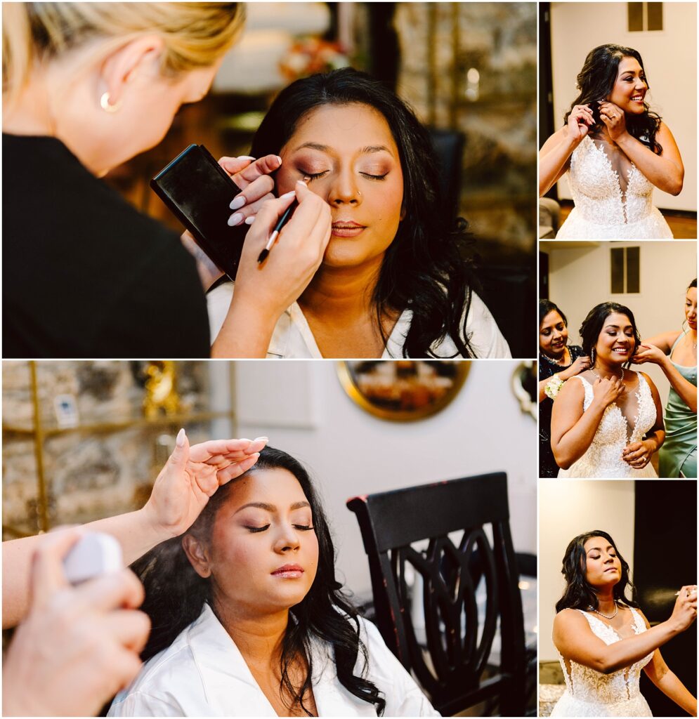 Snohomish Wedding Photographer GSquared Weddings Collage of a woman getting ready for a wedding. She is having makeup applied, wearing her bridal attire, and being assisted by others. She appears calm and joyful throughout the preparations. Serving Seattle, Snohomish and Orlando
