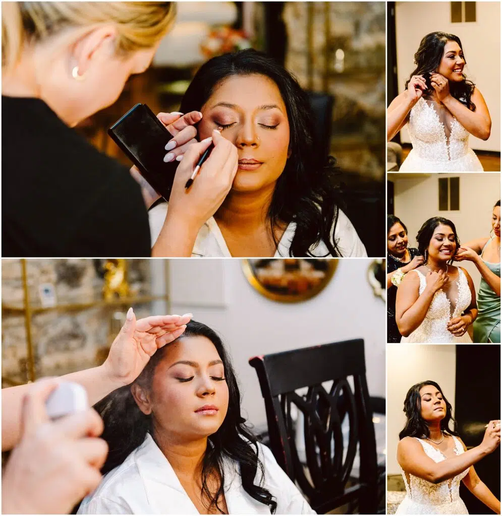 Snohomish Wedding Photographer GSquared Weddings Collage of a woman getting ready for a wedding. She is having makeup applied, wearing her bridal attire, and being assisted by others. She appears calm and joyful throughout the preparations. Serving Seattle, Snohomish and Orlando