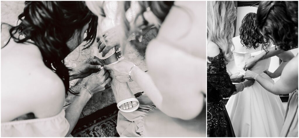 Snohomish Wedding Photographer GSquared Weddings A black and white collage shows two women helping a bride. In the first image, theyre securing her shoe strap. In the second, theyre adjusting the back of her dress. Both images capture intimate, candid wedding preparation moments. Serving Seattle, Snohomish and Orlando