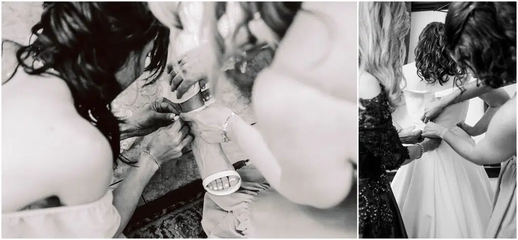 Snohomish Wedding Photographer GSquared Weddings A black and white collage shows two women helping a bride. In the first image, theyre securing her shoe strap. In the second, theyre adjusting the back of her dress. Both images capture intimate, candid wedding preparation moments. Serving Seattle, Snohomish and Orlando