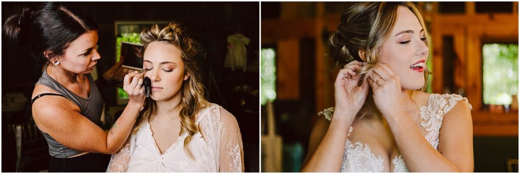 Snohomish Wedding Photographer GSquared Weddings Two images: On the left, a woman applies makeup to another woman with closed eyes. On the right, the same woman in a lace dress adjusts her earrings, smiling slightly and looking away. Serving Seattle, Snohomish and Orlando