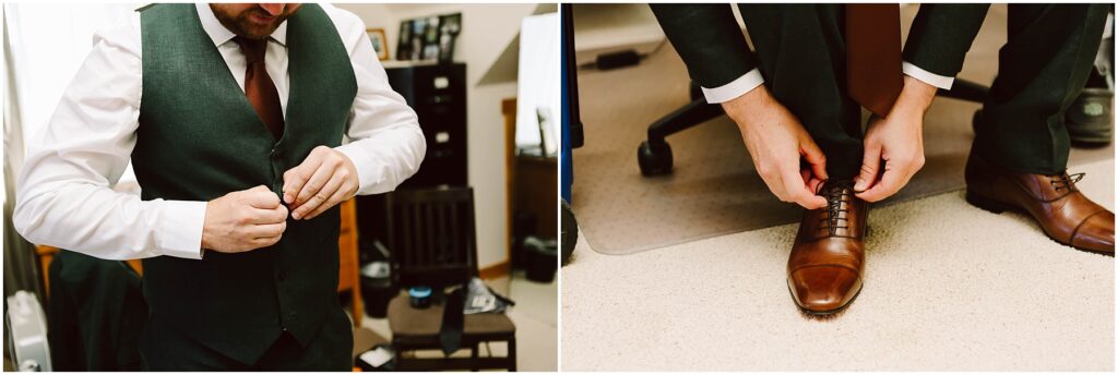 Snohomish Wedding Photographer GSquared Weddings A man is getting ready in formal attire. On the left, he fastens the buttons of his green vest over a white shirt and tie. On the right, he ties his brown leather shoes, sitting on a light carpeted floor. Serving Seattle, Snohomish and Orlando