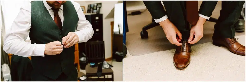 Snohomish Wedding Photographer GSquared Weddings A man is getting ready in formal attire. On the left, he fastens the buttons of his green vest over a white shirt and tie. On the right, he ties his brown leather shoes, sitting on a light carpeted floor. Serving Seattle, Snohomish and Orlando