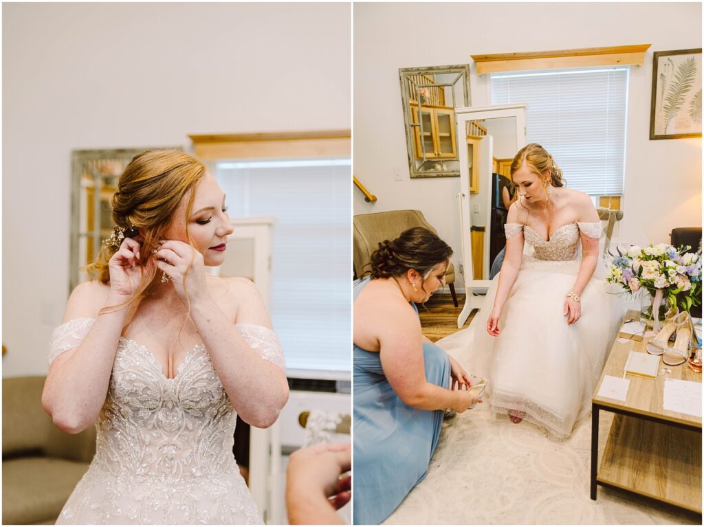 Snohomish Wedding Photographer GSquared Weddings A bride in a lace gown puts on earrings in the left image, while in the right, she sits on a sofa, assisted by another woman in a blue dress, who helps her with her shoes. The room is decorated with flowers and light-colored furniture. Serving Seattle, Snohomish and Orlando