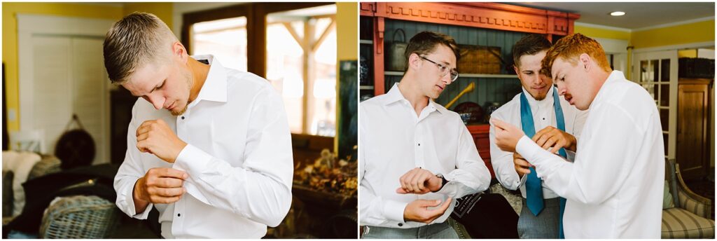 Snohomish Wedding Photographer GSquared Weddings Two images of men getting ready. On the left, a man adjusts his cufflink. On the right, three men in white shirts, one with a blue vest, help each other with their cufflinks in a warmly lit room. Serving Seattle, Snohomish and Orlando