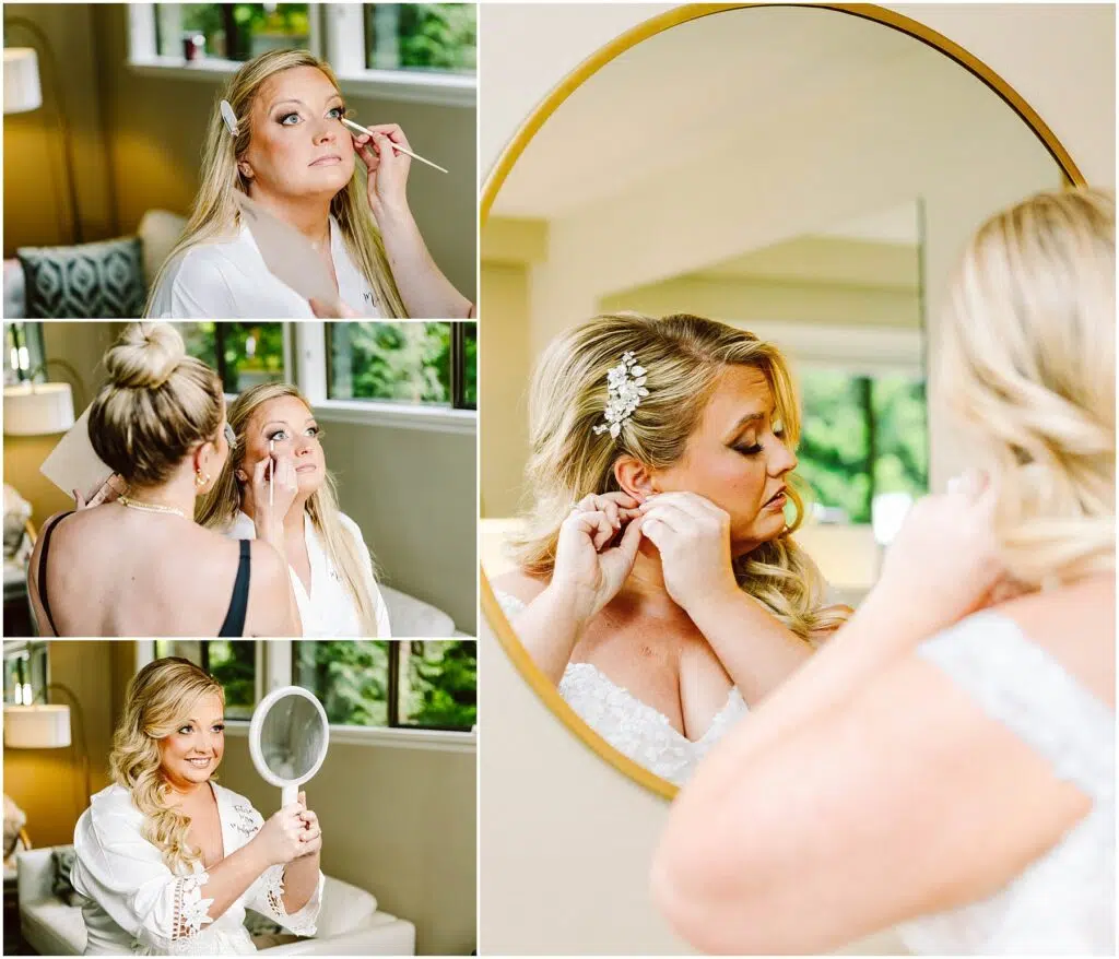 Snohomish Wedding Photographer GSquared Weddings Collage of a woman getting ready, featuring her applying makeup, having her makeup done by another person, checking her reflection in a hand mirror, and adjusting her earrings in front of a round wall mirror. Serving Seattle, Snohomish and Orlando