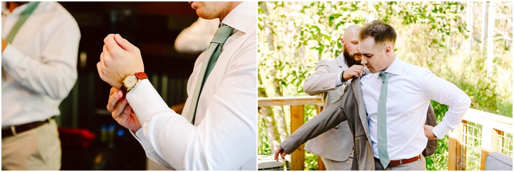 Snohomish Wedding Photographer GSquared Weddings Two side-by-side images: on the left, a person adjusts a wristwatch on their left wrist; on the right, another person helps the first individual put on a gray suit jacket outdoors with greenery in the background. Both wear white shirts and green ties. Serving Seattle, Snohomish and Orlando