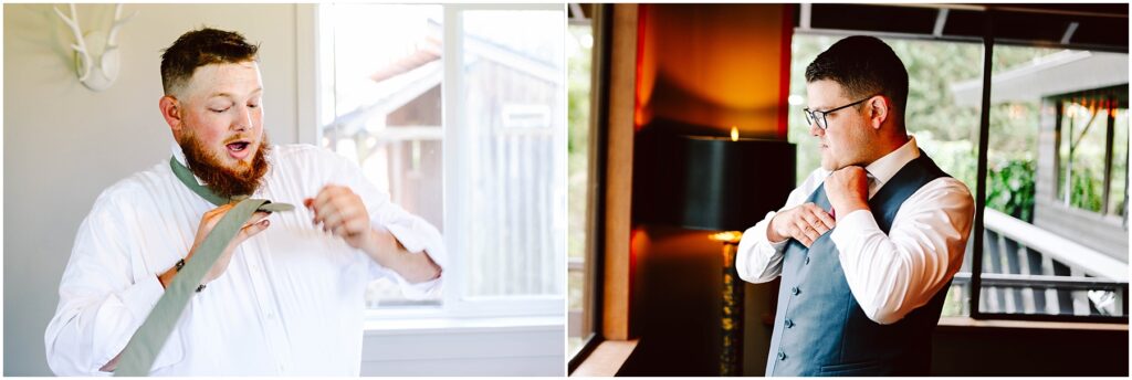 Snohomish Wedding Photographer GSquared Weddings Two groomsmen are getting ready. On the left, a man with a beard adjusts his tie in a bright room. On the right, another man in glasses and a vest fixes his tie in a warmly lit room. Both appear focused and preparing for an event. Serving Seattle, Snohomish and Orlando
