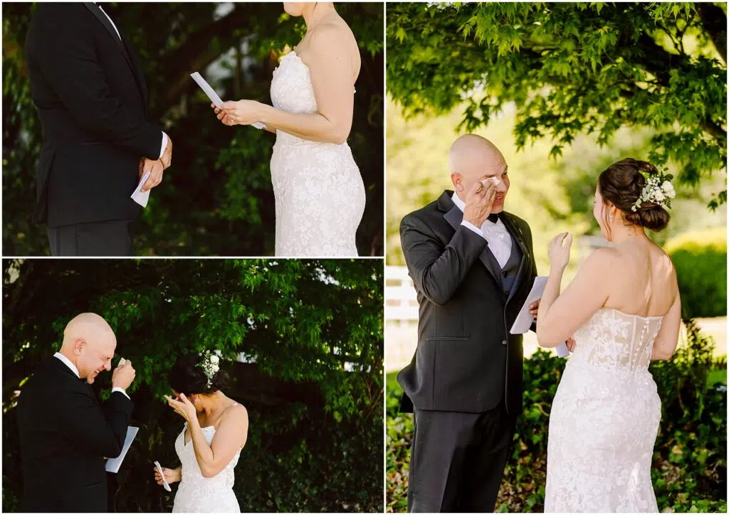 Snohomish Wedding Photographer GSquared Weddings A bride and groom stand outdoors, exchanging vows. The groom wipes tears from his eyes while holding a piece of paper. The bride, in a white dress, is also emotional. They are surrounded by greenery, creating an intimate and touching moment. Serving Seattle, Snohomish and Orlando