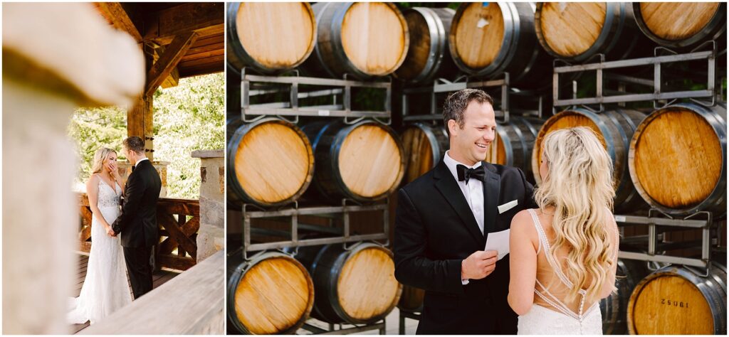 Snohomish Wedding Photographer GSquared Weddings A bride and groom exchange vows outdoors. The groom, in a black tuxedo, stands in front of stacked wooden barrels. The bride, in a white lace gown, faces him. Sunlight filters through the leaves, creating a warm atmosphere. Serving Seattle, Snohomish and Orlando