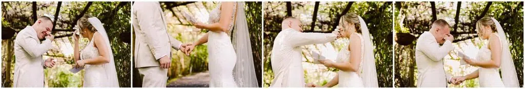 Snohomish Wedding Photographer GSquared Weddings A bride and groom, in a series of four photos, share an emotional moment outdoors under a canopy of trees. The groom wipes his eyes as the bride reads vows. Both wear elegant wedding attire, holding hands tenderly. Serving Seattle, Snohomish and Orlando