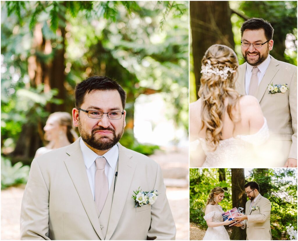 Snohomish Wedding Photographer GSquared Weddings A groom in a beige suit looks emotional during an outdoor wedding. A bride, with curled hair and a floral hairpiece, stands in front of him. Another image shows them smiling and holding a small British flag. Trees create a lush, green background. Serving Seattle, Snohomish and Orlando