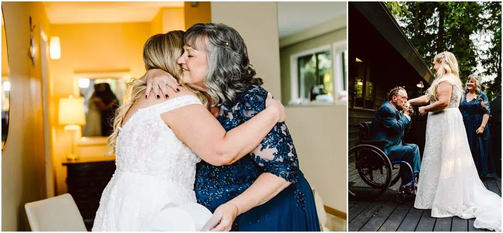 Snohomish Wedding Photographer GSquared Weddings On the left, a bride in a white dress hugs an older woman in a navy gown indoors. On the right, the same bride shares a joyful moment with a man in a wheelchair outside, as he clasps her hands. Serving Seattle, Snohomish and Orlando