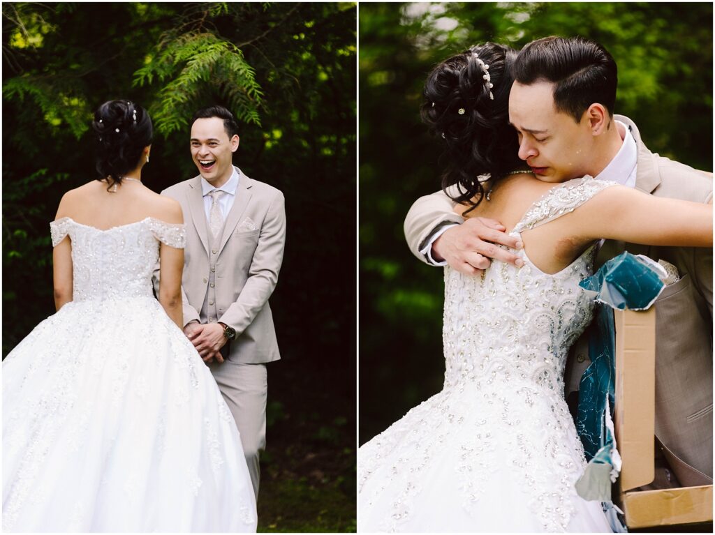 Snohomish Wedding Photographer GSquared Weddings A bride and groom share an emotional moment outdoors. In the first image, the groom smiles as the bride stands facing him in a white gown. In the second image, they embrace with visible emotion. The setting is lush and green. Serving Seattle, Snohomish and Orlando