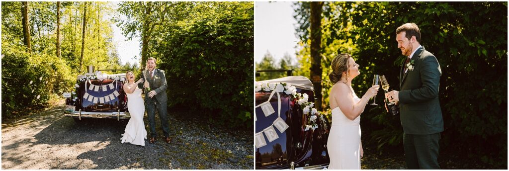 Snohomish Wedding Photographer GSquared Weddings A bride and groom stand near a vintage car adorned with white flowers and a bunting that spells Just Married. They are in a sunny outdoor setting surrounded by tall green trees, laughing and holding champagne glasses. Serving Seattle, Snohomish and Orlando