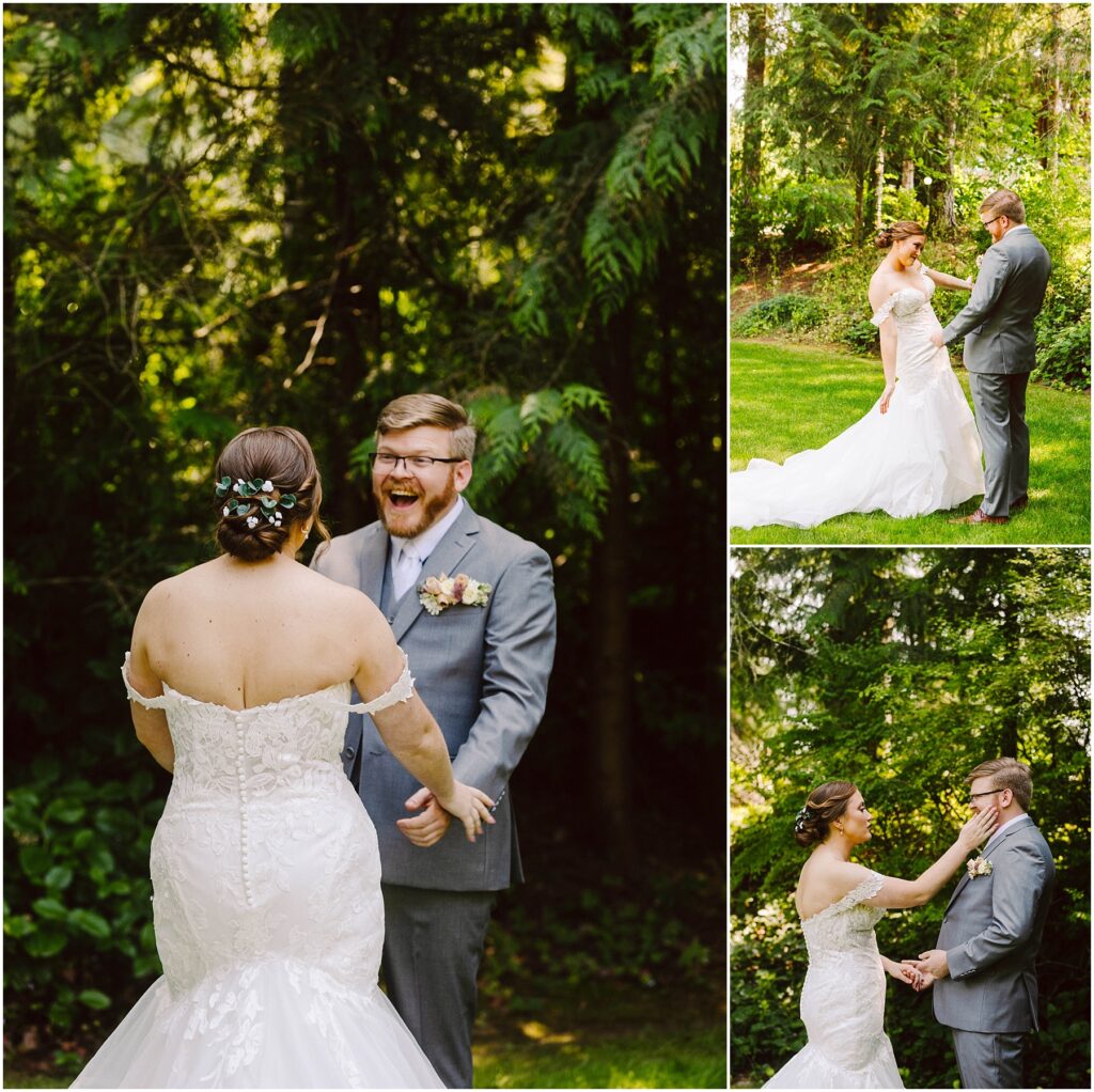 Snohomish Wedding Photographer GSquared Weddings A bride and groom in formal attire share an emotional first look in a lush, wooded garden. The groom has a joyful, surprised expression. The bride is wearing a white lace gown and the groom is in a gray suit with a boutonniere. Serving Seattle, Snohomish and Orlando