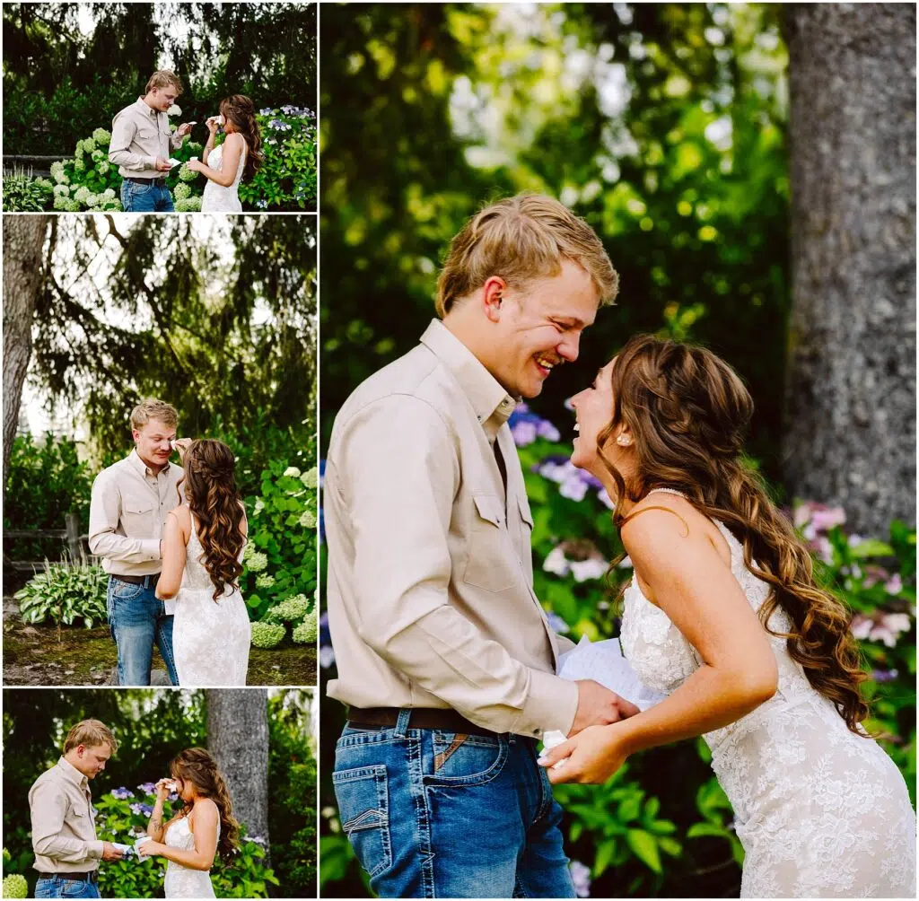 Snohomish Wedding Photographer GSquared Weddings A couple in casual attire shares a joyful wedding ceremony amidst lush greenery and blooming flowers. They exchange vows, smile, and hold hands, with trees and hydrangeas in the background. Serving Seattle, Snohomish and Orlando