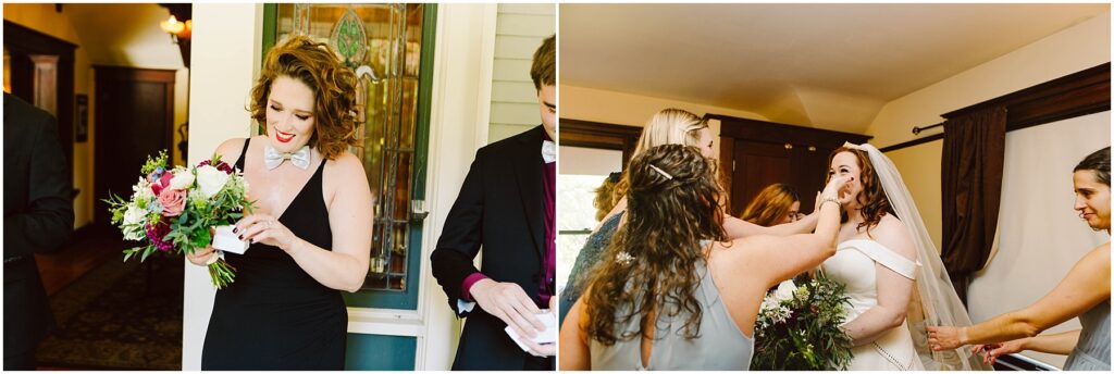Snohomish Wedding Photographer GSquared Weddings Left: A woman in a black dress with red lipstick smiles, holding a bouquet. Right: A bride in a white dress is surrounded by bridesmaids adjusting her veil and hair, holding a bouquet, preparing for the ceremony inside a warmly lit room. Serving Seattle, Snohomish and Orlando