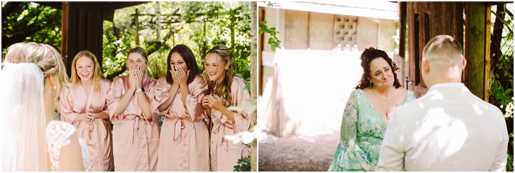 Snohomish Wedding Photographer GSquared Weddings On the left, a bride shows her dress to four women in pink robes, who are smiling and covering their mouths. On the right, a woman in a green dress looks emotionally at a man, outdoors. Serving Seattle, Snohomish and Orlando