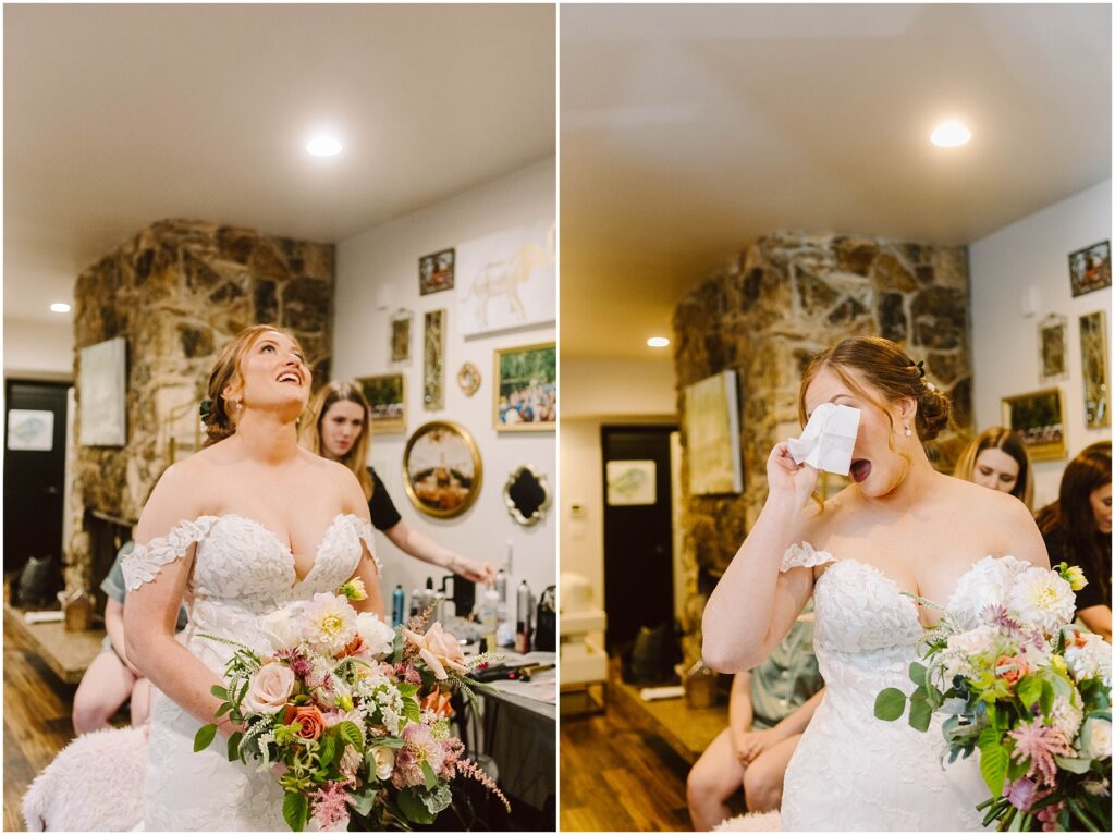 Snohomish Wedding Photographer GSquared Weddings A bride in a white gown is smiling while holding a colorful bouquet. Another image shows her wiping her tears with a tissue. She is surrounded by friends and decorative wall art in a warmly lit room. Serving Seattle, Snohomish and Orlando