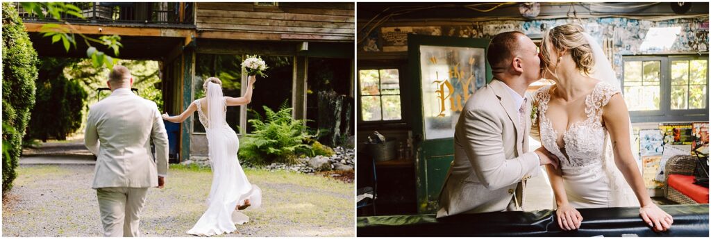 Snohomish Wedding Photographer GSquared Weddings A bride and groom walk hand in hand outside; the bride holds a bouquet. In a second scene, they share a kiss indoors near a graffiti-covered wall. Both wear elegant wedding attire. Serving Seattle, Snohomish and Orlando