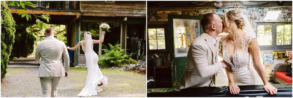 Snohomish Wedding Photographer GSquared Weddings A bride and groom walk hand in hand outside; the bride holds a bouquet. In a second scene, they share a kiss indoors near a graffiti-covered wall. Both wear elegant wedding attire. Serving Seattle, Snohomish and Orlando