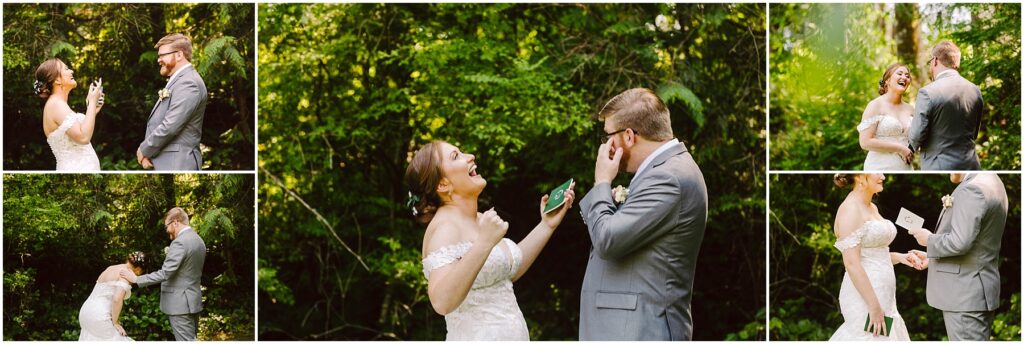 Snohomish Wedding Photographer GSquared Weddings A bride and groom stand outdoors in a green, wooded area. Both are laughing and exchanging handwritten letters. The bride is in a white, off-shoulder dress, and the groom is in a gray suit. They appear joyful and emotional in the series of images. Serving Seattle, Snohomish and Orlando