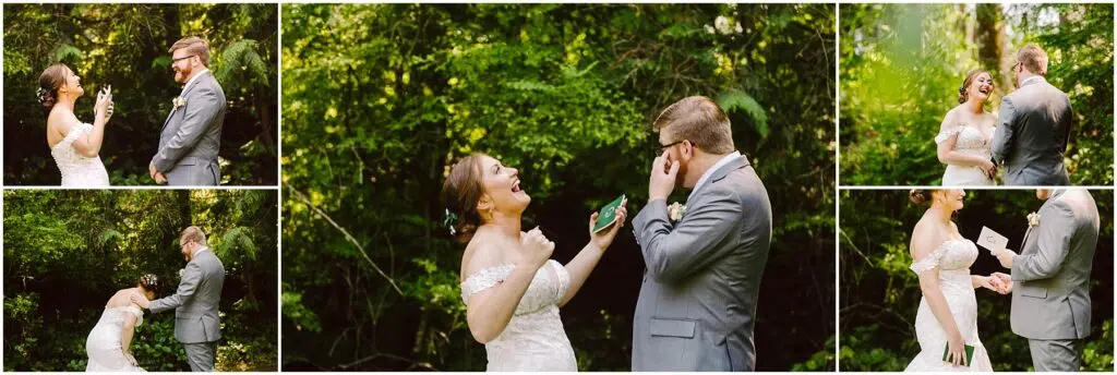Snohomish Wedding Photographer GSquared Weddings A bride and groom stand outdoors in a green, wooded area. Both are laughing and exchanging handwritten letters. The bride is in a white, off-shoulder dress, and the groom is in a gray suit. They appear joyful and emotional in the series of images. Serving Seattle, Snohomish and Orlando