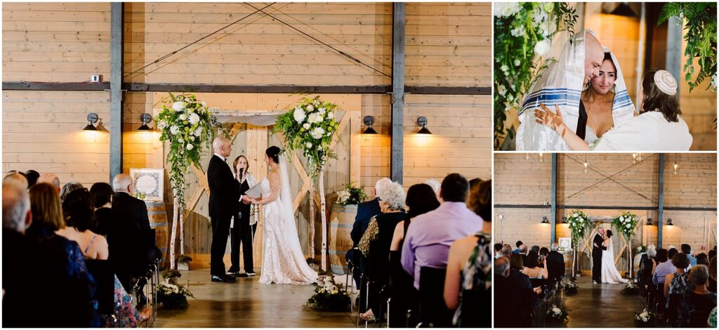 Snohomish Wedding Photographer GSquared Weddings A wedding ceremony in a rustic venue with wooden walls. The bride and groom stand under a floral arch. Guests are seated on either side. Two small photos show intimate moments between the couple under a prayer shawl and during vows. Serving Seattle, Snohomish and Orlando