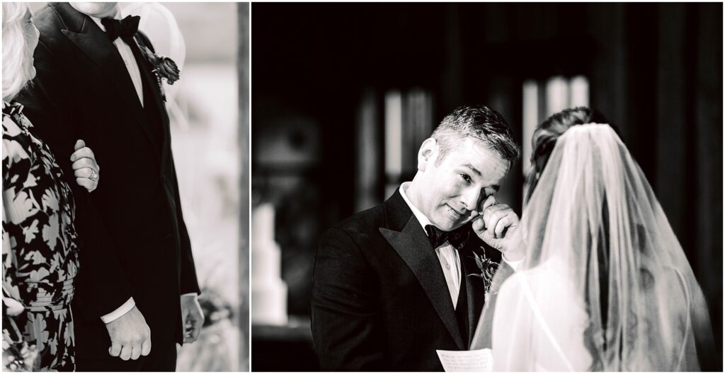 Snohomish Wedding Photographer GSquared Weddings Left image: A close-up of a couple holding hands, the man in a tuxedo and the woman in a patterned dress. Right image: A groom in a tuxedo and bow tie wipes a tear while a bride in a veil reads from a paper, both in an emotional moment. Serving Seattle, Snohomish and Orlando