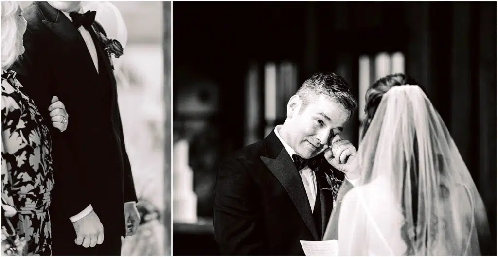 Snohomish Wedding Photographer GSquared Weddings Left image: A close-up of a couple holding hands, the man in a tuxedo and the woman in a patterned dress. Right image: A groom in a tuxedo and bow tie wipes a tear while a bride in a veil reads from a paper, both in an emotional moment. Serving Seattle, Snohomish and Orlando